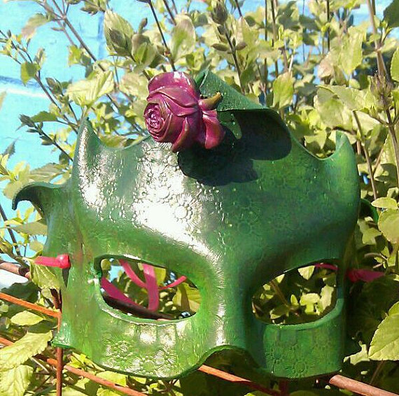 Green Wearable Art Leather Floral Pattern Mask with Painted Copper Rose