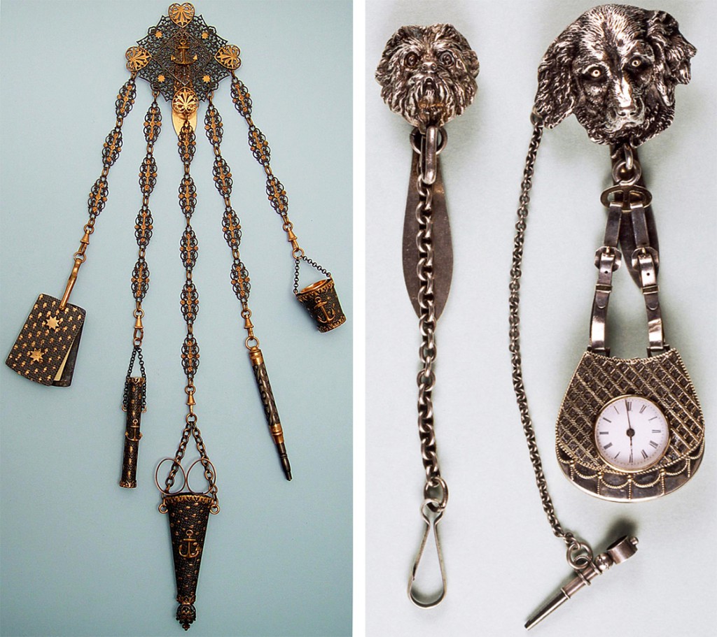 Left, this "Faith, Hope, and Charity" chatelaine may have been a mourning piece, as it contained a romantic quote by Henry Wadsworth Longfellow. Right, two sporting-themed chatelaines featuring dog's head medallions.
