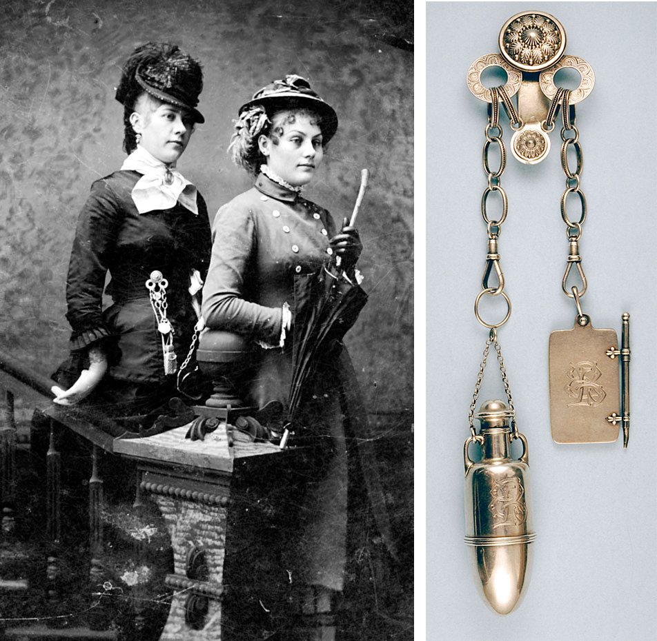 This tintype captures a woman wearing the Tiffany chatelaine shown at right, circa 1885. The piece includes a combination perfume bottle and vinaigrette, left, and notebook with pencil.