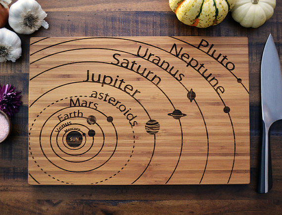Geekery Engraved Wood Bamboo Cutting Board, solar system diagram with planet names, science student or teacher graduation gift, astronomy